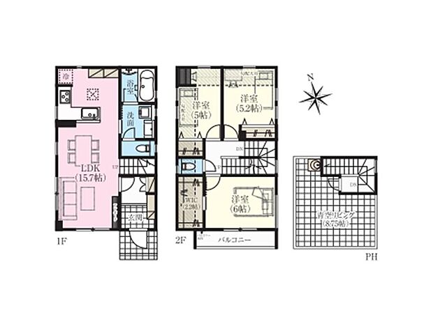 リビング階段、対面式キッチンが採用された、ご家族がコミュニケーションを取りやすい設計です。