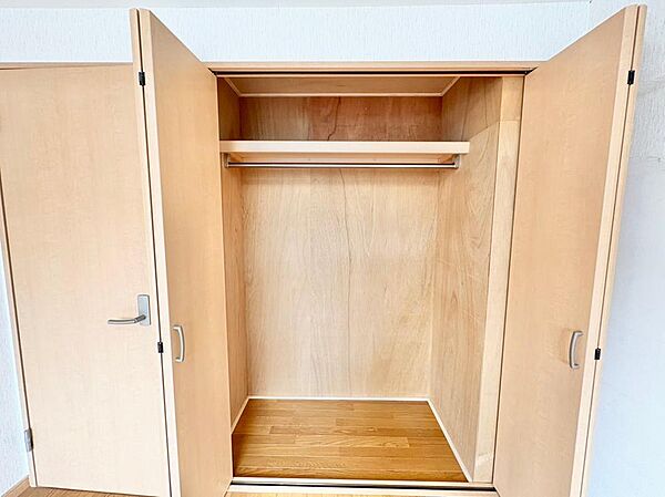 クローゼット内にハンガーパイプがあり、衣類を掛けて保管可能。枕棚付きで、小物の整理もしやすそうです。