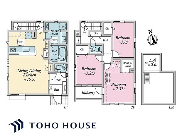 対面式キッチンが採用されたLDK。水まわりが集約された間取りのため、家事動線もスムーズです。