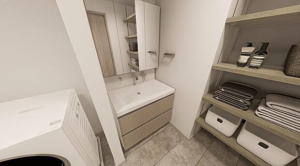 (同仕様)メイクやヘアセットがしやすそうな洗面台が設置されています。