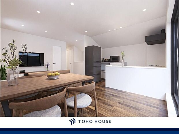 (パース図)ご家族が毎日集う大切な空間、LDK。ぜひ、皆様の笑顔を想像しながらご見学ください。