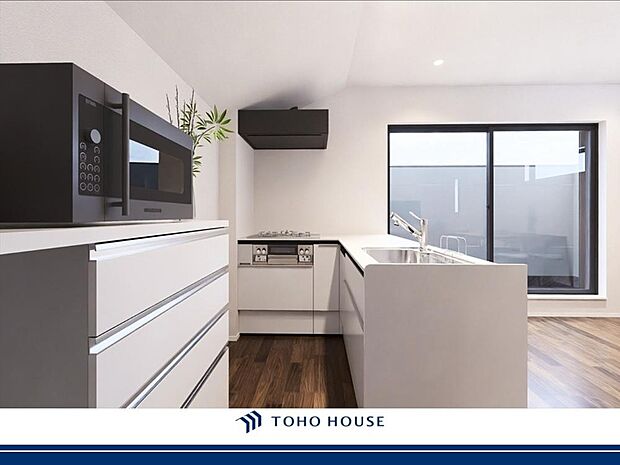 （パース図）機能性とデザイン性を兼ね備えたシステムキッチン。LDを見渡せる対面式です。