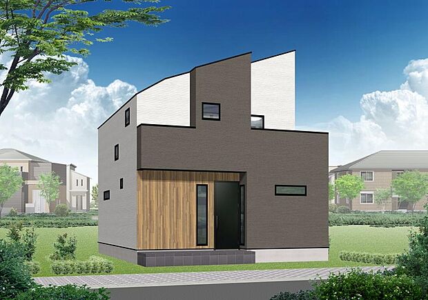 (完成予想図/外観)シンプルモダンな外観です。バランスよく配された窓がアクセントになっています。