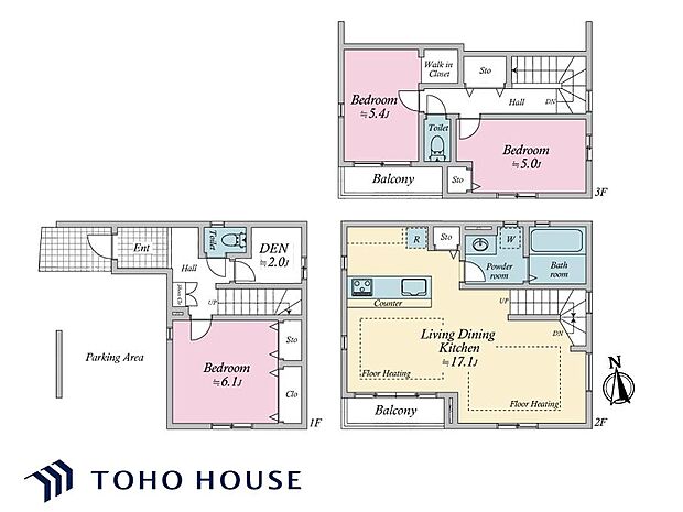 LDKは約17.1帖。床暖房搭載で冬でも快適にお過ごし頂けます。全居室収納スペース有。