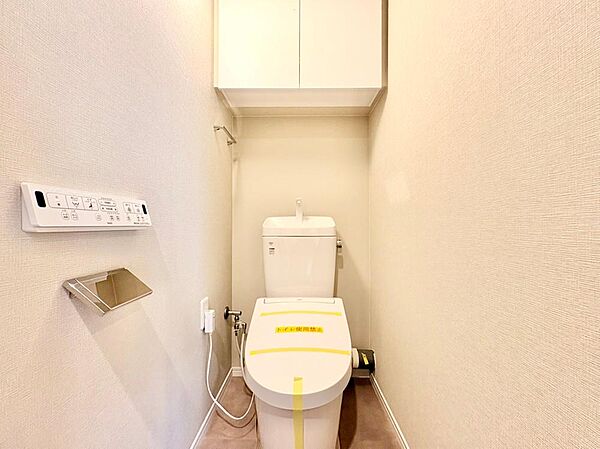 トイレ内には扉付きの吊戸棚があり、ストック類や掃除用品を隠して収納することができます。