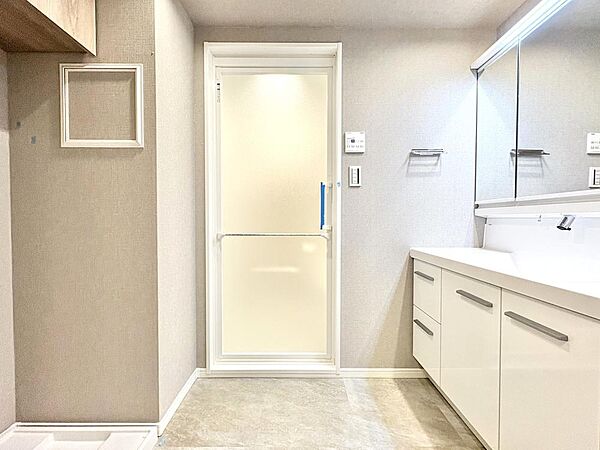 メイクやヘアセットがしやすそうな洗面台です。下部に収納があり、掃除用品や小物の保管に役立ちます。