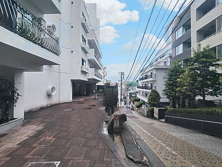 「現地外観写真」白い外壁が映える洗練された外観デザイン。アプローチ部分はゆったりとした空間が保たれており、植栽により前面道路からの視線も遮られています。
