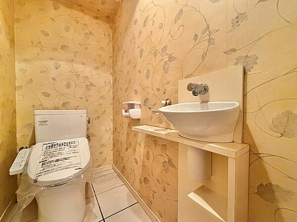 清潔感があるトイレです。独立型の手洗いカウンターが備わっています。