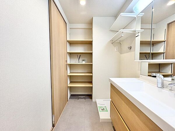 洗面台には三面鏡とシャワー水栓が備わっているので、日々の身支度もスムーズに行えます。