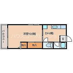 攝陽ハイツ 2階1DKの間取り