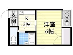 サンシャイン東住吉A棟 2階1Kの間取り