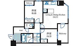 アーデンタワー北堀江 2LDKの間取図画像