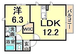 ラフィーネ東難波 2階1LDKの間取り