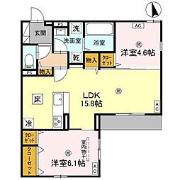 クラシスト甲子園一番町II 1階2LDKの間取り