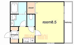 クレール上祇園 2階1Kの間取り