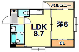 サンビルダー三宮 2階1LDKの間取り