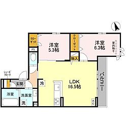 グリューネ塚口本町 301 3階2LDKの間取り