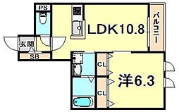 コウベアーバン 3階1LDKの間取り