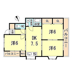 ハウスコートヤマフジC 3DKの間取図画像