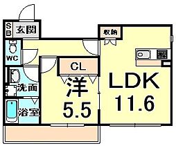 バロンガーデン武庫之荘 1LDKの間取図画像