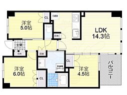 リバーガーデン四天王寺 6階3LDKの間取り