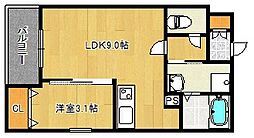 ザカラー東本町B棟 2階1LDKの間取り