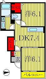 ドルチェヴィータＥ棟 1階2DKの間取り