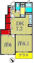 エアリーヒル天王台2番館 2DKの間取図画像