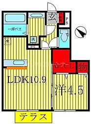メルベーユおおたかの森2号棟 1LDKの間取図画像