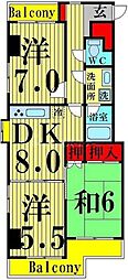 スカイハイツYOSHIMI 5階3DKの間取り