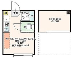 ハーモニーテラス東綾瀬 2階ワンルームの間取り