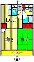 エクセル・フラットIII 3階2DKの間取り