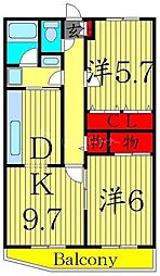 メゾンドボヌール梅島 3階2DKの間取り