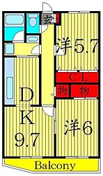 メゾン・ド・ボヌール梅島 2DKの間取図画像