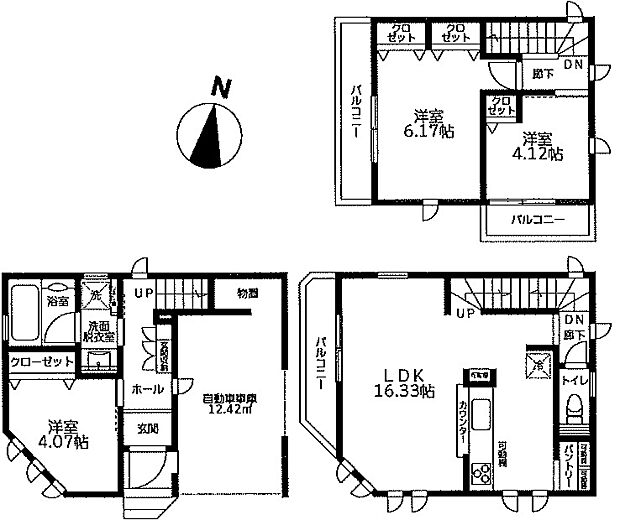 3LDK 2階LDK16.3帖、トリプルバルコニー、ビルトイン車庫付き