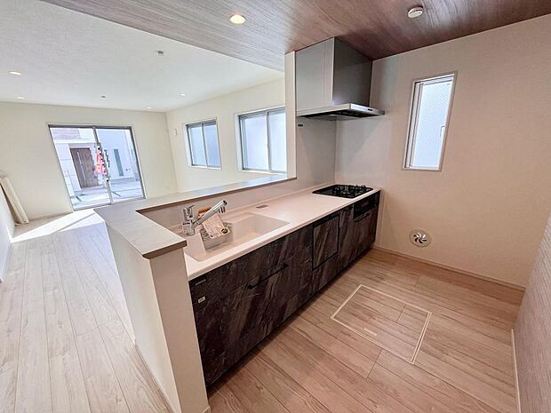 対面のシステムキッチン、食器洗い乾燥機付き