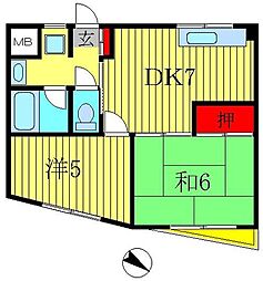 第2吉岡マンション 3階2DKの間取り