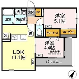 セレスティア細田B 2LDKの間取図画像