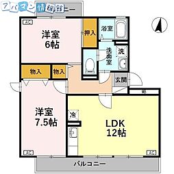 ロイヤルガーデン堀之内D 2LDKの間取図画像