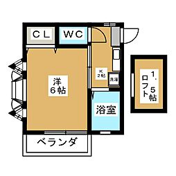 シャレー 2階1Kの間取り