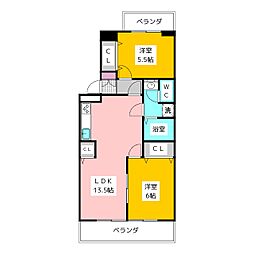 ピネハイブリッジ 1階2LDKの間取り