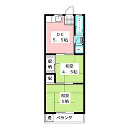 ホワイトハイツフジ1 2階2DKの間取り