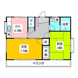 下田アパートE 2階2DKの間取り