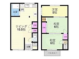 京都地下鉄東西線 西大路御池駅 徒歩9分の賃貸テラスハウス 2階2LDKの間取り