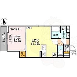 GRAMM御陵荒木C 2階1LDKの間取り