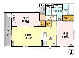 エンラージ西院 1階2LDKの間取り