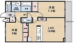 シュシュパルク太秦 2階2LDKの間取り