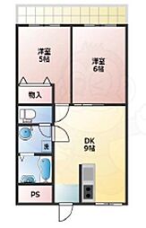 吉祥院ガーデンハイツA棟 2DKの間取図画像
