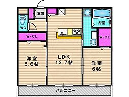 フェルミエ川政 2LDKの間取図画像