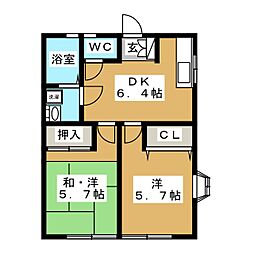 シャロム 1階2DKの間取り